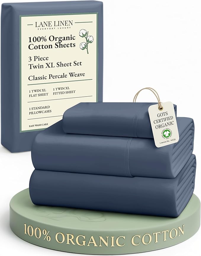 LANE LINEN 100% Organic Cotton Eco Friendly Fully Elasticized Twin XL Sheet Set, Low Pilling Fade Resistant Machine Washable Extra Long Twin Bedding Set, Soft & Comfy Cotton Sheets-Estate Blue