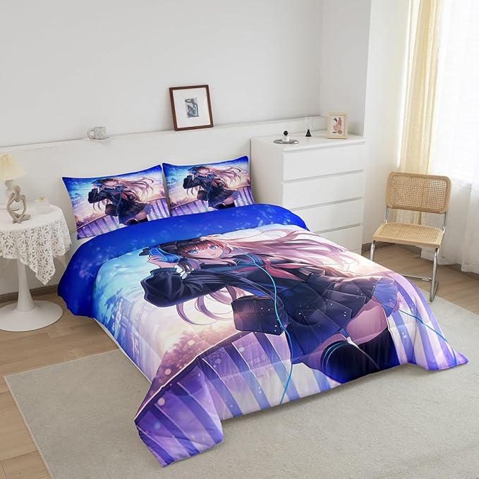 Erosebridal Anime Girl Bedding Set Toddler Size, Japanese Anime Comforter Set for Kids Boys Teens Bedroom Decor, Cartoon Girl Duvet Insert Kawaii Japanese Animation Quilt with 1 Pillow Case