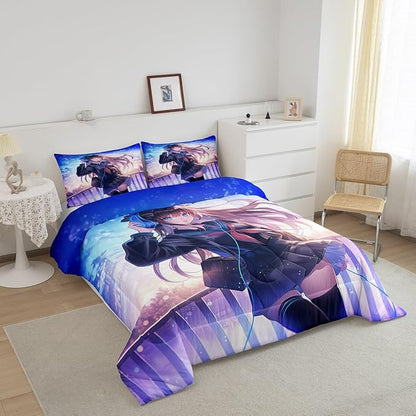 Erosebridal Anime Girl Bedding Set Toddler Size, Japanese Anime Comforter Set for Kids Boys Teens Bedroom Decor, Cartoon Girl Duvet Insert Kawaii Japanese Animation Quilt with 1 Pillow Case