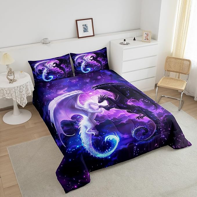 Black White Dragon Comforter Set King Size,Nebula Star Glitter Bedding Set for Kids Teens Couple Adults Room Decor,Western Magical Wildlife Duvet Insert 3Pcs,Animal Purple Quilt Set,2 Pillowcases