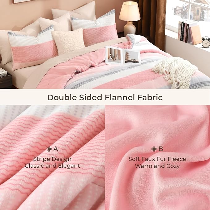 Litanika Fluffy Fleece Twin Comforter Set, Luxury Soft Plush Fuzzy Blush Stripe Bedding Comforter Sets, Warm Shaggy Faux Fur Bed Set All Season (1 Comforter, 1 Pillowcase)