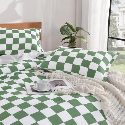 Andency Green Checkered Comforter Full(79x90Inch), Plaid Gingham Buffalo Grid Bedding Comforter Sets for Boys Kids Teens, 3 Pieces Lightweight Polyester Geometric Preppy Bed Set