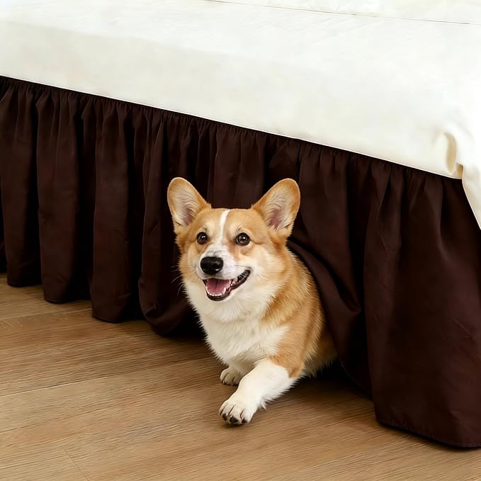 RIMELA Bed Skirt Queen Size 15 Inch Drop, Elastic Bed Skirting for Bed Base and Frame, Bedding Dust Ruffle Easy to Install, Wrap Around Adjustable Bedskirt, Chocolate Brown