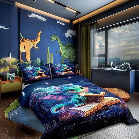 Cartoon Dragon Bedding Set Full Size Magical Jungle Night Comforter Set Gift Dragons Lover Son Birthday Room Decor Cute Dragon Books Print Blanket Starry Moon Sky Quilt Set with 2 Pillowcase