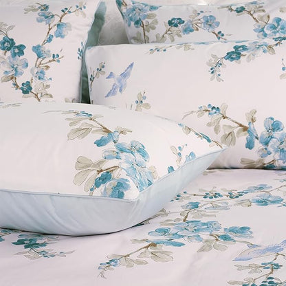 WINLIFE 100% Cotton Pillowcases Standard Size Blue Floral & Birds Printed Pillow Cover 2 Pack, Super Soft Envelope Closure Standard Pillow Case Set (Standard, 20"x26")