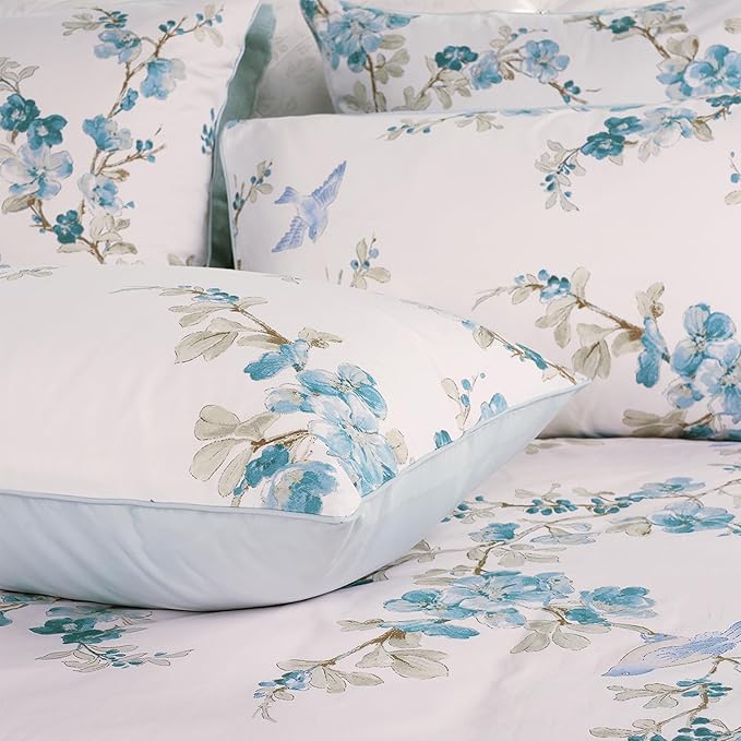 WINLIFE 100% Cotton Pillowcases King Size Blue Floral & Birds Printed Pillow Cover 2 Pack, Super Soft Envelope Closure King Pillow Case Set (King, 20"x36")
