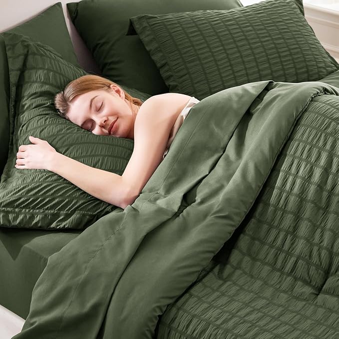 CozyLux Oversized Queen Comforter Set Olive Green Seersucker 7 Pieces 98x98 Bed in a Bag Comforter Set with Sheets, Luxury Soft Bedding Set with Down Alternative Comforter, Sheets, Pillowcases & Shams