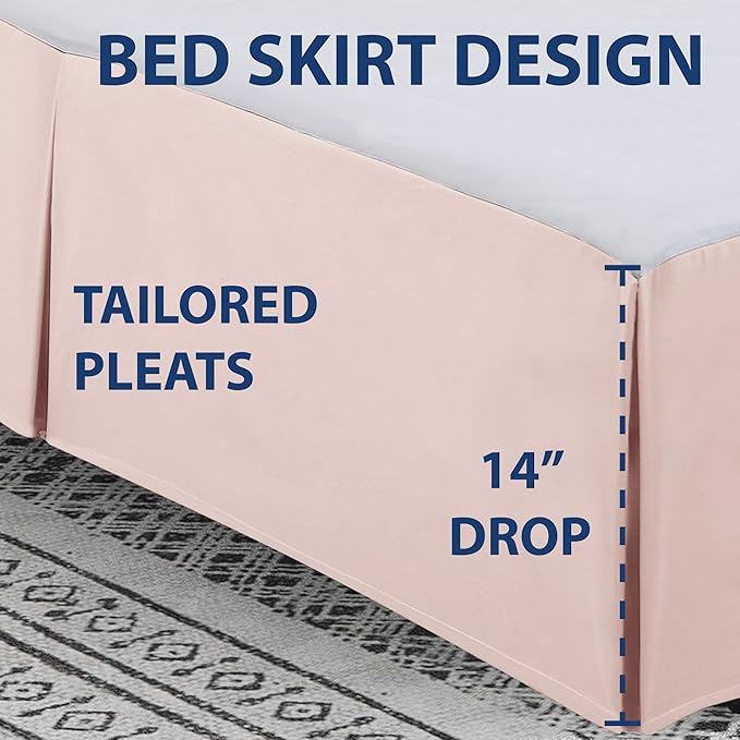 Cathay Home Double Brushed Microfiber Pleated Easy Fit Bed Skirt, Ultra Soft, Fade and Wrinkle Resistant - Blush, California King