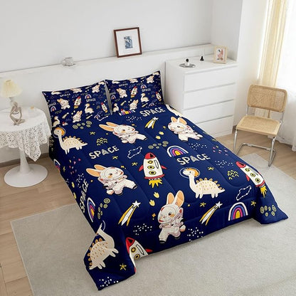 Castle Fairy Cute Rabbits Comforter King Size,Kids Boys Dinosaurs Comforter Set Bedding Set for Kids Adults,Cartoon Rocket Starry Galaxy Navy Duvet Set Ultra Soft Room Decor 3Pcs Quilt Set