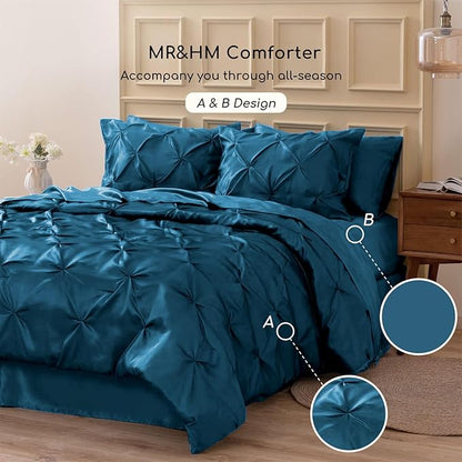 MR&HM Satin Comforter Twin 5 Pieces - Luxurious Pinch Pleat Bedding Set with Comforter, Flat Sheet, Fitted Sheet, Pillowcase & Sham, Super Silky Soft Bed Set for All Season (Twin, Teal)