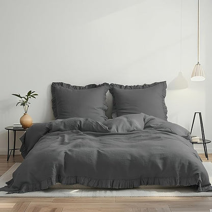 Simple&Opulence 100% Linen Duvet Cover Set, 3 PCS Natural French Flax Dark Grey Ruffle Duvet Cover King Size, Breathable Comfy Linen Bedding Comforter Cover with 2 Pillowcases (Dark Grey, 104" X 92")