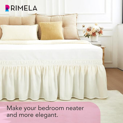 RIMELA Cream Bed Skirt Queen Size 12 Inch Drop, Wrap Around Elastic Adjustable Bedskirt, Bed skirting Dust Ruffle for Bed Frame & Box Spring Soft Durable Fabric Machine Washable Easy to Install