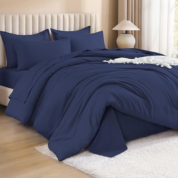 Litanika King Size Comforter Set Navy Blue - 7 Pieces Bed in a Bag King Bedding Comforter Sets, Solid Lightweight Bed Set with Comforter, Sheets, Pillowcases & Shams