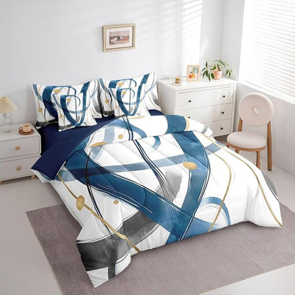 Erosebridal Blue Abstract 7 Piece Comforter Set Twin Modern Gold Grey Line Bedding Set Minimalist Simple Cool Unique Geometric Comforter for Man Teens Fashion Aesthetic Sheet Set Room Decor