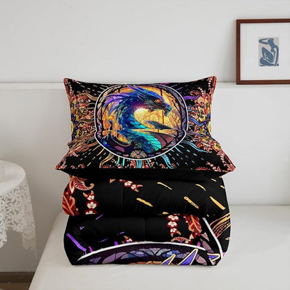 Feelyou Dragon Comforter Set Queen Size Dragon Stuff Comforter for Boys Girls Teens 3D Print Animal Bedding Set Dragon Decor Duvet Set Room Decor Golden Quilt Set