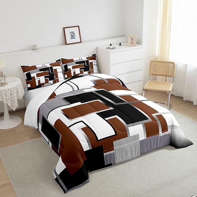 Erosebridal Square Comforter Sets for Teens Youth,Brown White Grey Bedding Set,3D Geometric Quilt Set,Grunge Farmhouse Grid Duvet Insert with 2 Pillowcases Lightweght Warm,Full