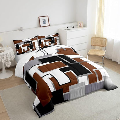 Erosebridal Square Comforter Sets for Teens Youth,Brown White Grey Bedding Set,3D Geometric Quilt Set,Grunge Farmhouse Grid Duvet Insert with 2 Pillowcases Lightweght Warm,Full