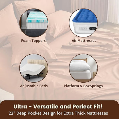 100% Linen Sheet Set Cal King Size Extra Deep Pocket Fits 18-24 Inch Mattress, Breathable & Soft, Smooth 4-Piece Set for Thick Mattresses Hotel Luxury Bedding（Cal King, Brown）