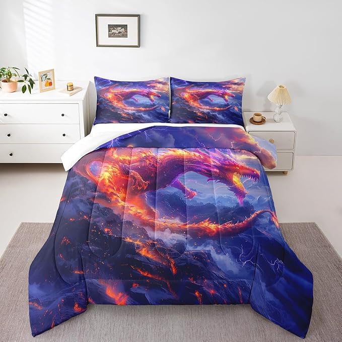 Fire Dragon Comforter Set King Size,Galaxy Starry Sky Flame Dragon Bedding Set 3Pcs,Kids Girls Boys Teens Room Decor,Western Magical Style Quilt Set Lightning Wild Animals Duvet Insert,2 Pillowcases