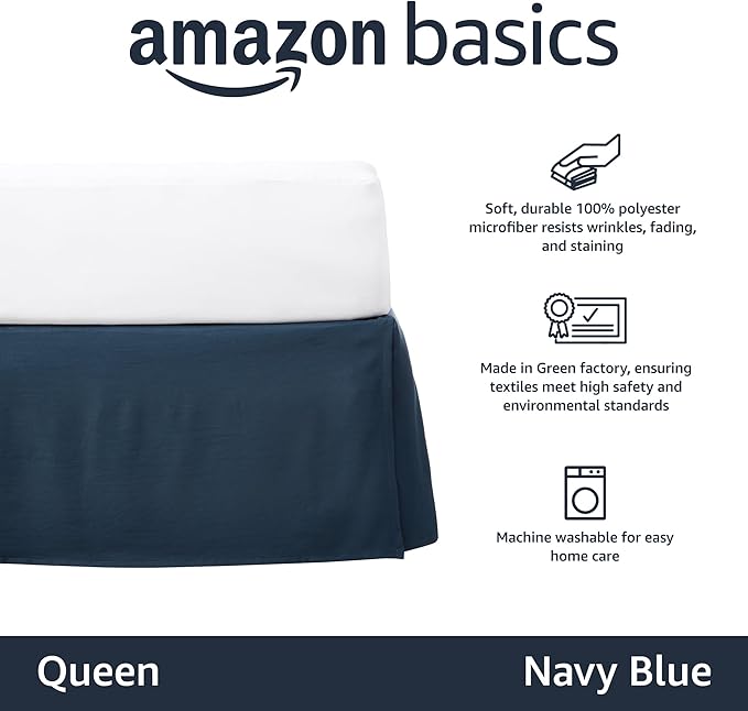 Amazon Basics Lightweight Pleated Bed Skirt, Fade Resistant, Wrinkle Resistant, Machine Washable, Queen, Navy Blue