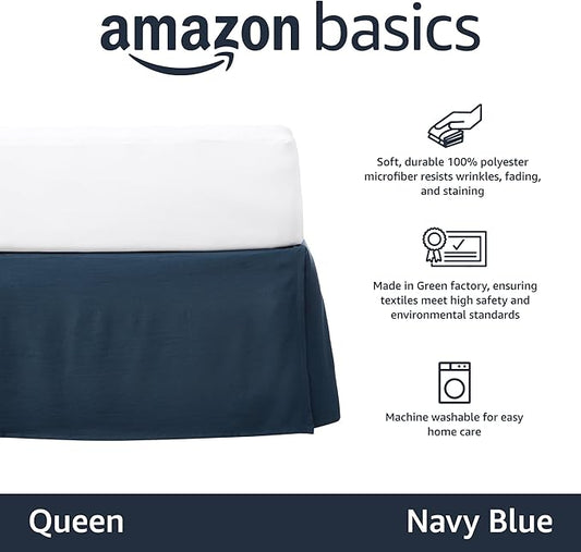 Amazon Basics Lightweight Pleated Bed Skirt, Fade Resistant, Wrinkle Resistant, Machine Washable, Queen, Navy Blue