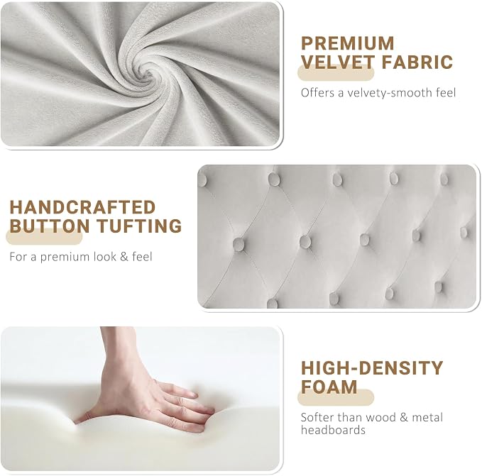 King Headboard Only, Velvet Classic Tufted Design, Light Gray | 2 installation options: 1.bed frame mount 2.wall mount (for adjustable bed), Classic hand-tufted headboard king size
