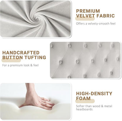 Queen Headboard Only, Velvet Classic Tufted Design, Light Gray | 2 installation options: 1.bed frame mount 2.wall mount (for adjustable bed), Classic hand-tufted headboard king size
