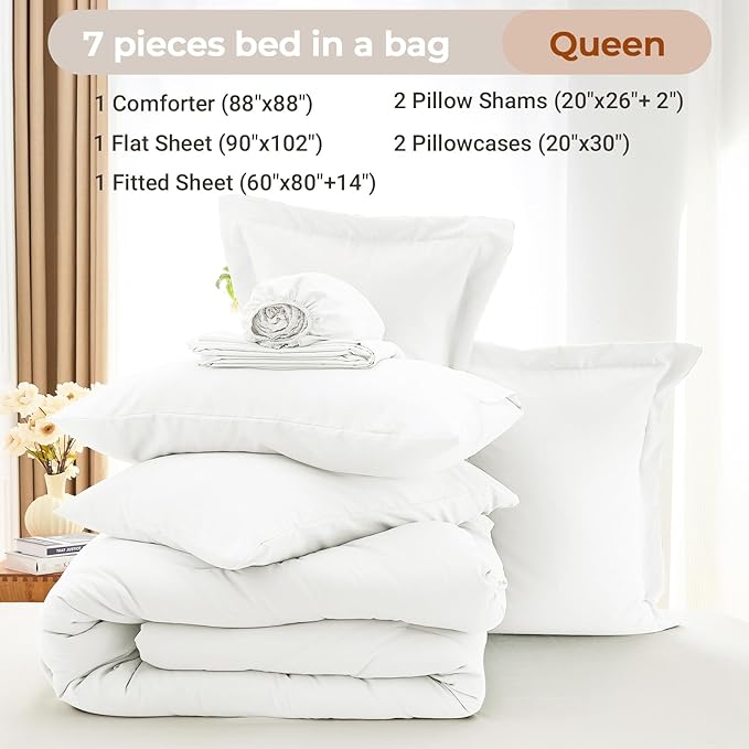MUXHOMO 7 Pieces Queen Comforter Set, Soft Bed in a Bag Queen Size, All Season Bedding Set with Comforter, Flat Sheet, Fitted Sheet, Pillowcases & Shams, White
