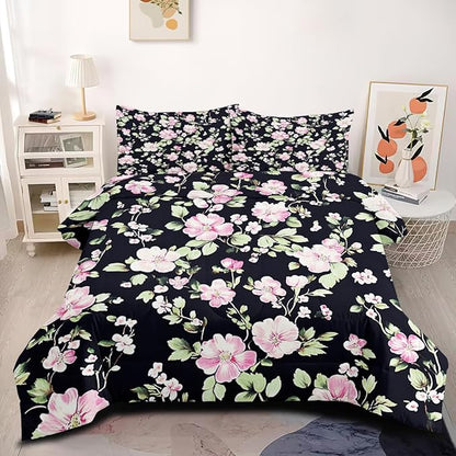 Girls Vintage Black Pink Comforter Sets Full Size, 5 Piece 3D Botanical Flowers Bedding Set with 1 Comforter 79"x 90", 2 Pillowcases, 1 Fitted Sheet, 1 Flat Sheet