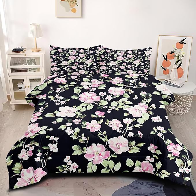 Girls Black Pink Comforter Sets King Size for Woman, 7Pcs Cottage Botanical Flowers Comforter for Bedroom Decor, 1 Comforter, 2 Pillowcases, 1 Fitted Sheet, 1 Flat Sheet, 2 Pillow Shams