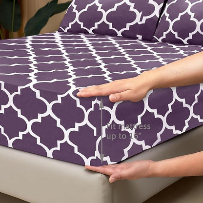 Mejoroom Full Bed Sheet Set - Super Soft Brushed Microfiber 1800 Thread Count Sheets with 16 inch Deep Pocket - Wrinkle Free - 4 Piece(Full, Purple Quatrefoil with White Pattern)