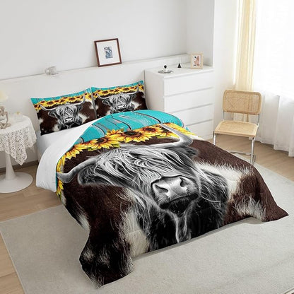 Highland Cow Comforter Set Twin Size (Not Real) Cowhide Print Bedding Sets Sunflower Floral Duvet Insert Cow Fur Print Down Comforter Rustic Blue Wooden Barn Door Quilt Funny Farm Animals Quilt