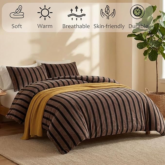 Bedbay Fleece King Comforter Set Brown Striped Bedding Set 3 Pcs Luxury Shaggy Velvet Comforter Set Soft Warm Fluffy Flannel Bedding Brown and Black Stripes King Bed Set for All Seasons