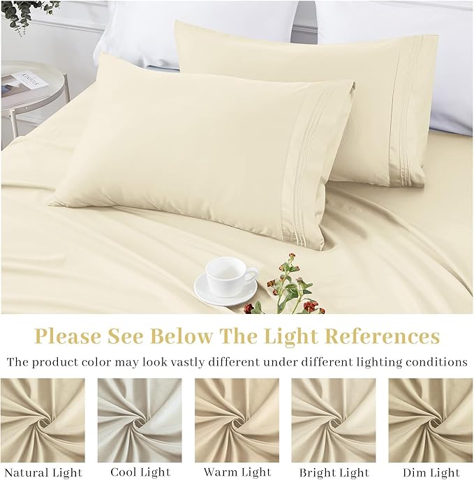 YIYEA King Pillow Cases Set of 4, Ultra Soft 1800TC Hotel Quality Double Brushed Microfiber Embroidered Pillowcases, Envelope Closure, Fade Resistant (20"x36", Cream)