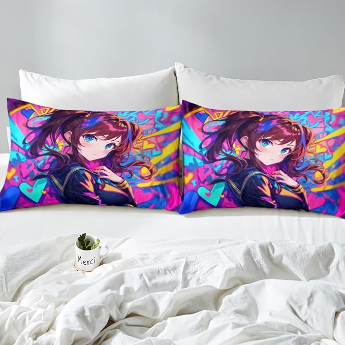 Erosebridal Anime Girl Queen Comforter Set, Japanese Anime Bedding Set for Kids Girls Teens Adult Bedroom, Cartoon Girl Bedding Comforter Sets Kawaii Japanese Animation Quilt 3 Piece, Purple