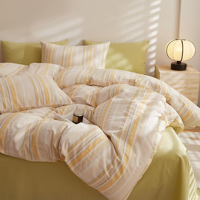 Yellow Striped Twin XL Comforter Set Fluffy Boho Bedding Set Down Alternative Washed Cotton Rustic Soft Bedding Comforter Sets Cozy Cute All Season Bedroom Bed Comforter with 2 Pillowcases