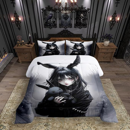 Erosebridal Anime Girl Bedding Set Full,Anime Gifts Comforter Set for Girls Women,Gothic 3D Japanese Girl Down Comforter,Black Gothic Bed Set Exotic Rabbit Printed Duvet Insert with 2 Pillowcases