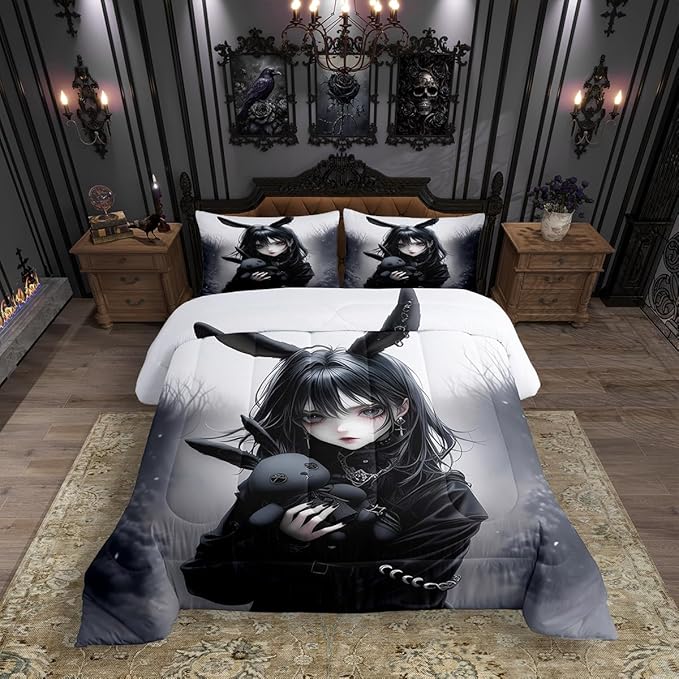 Erosebridal Anime Bedding 3D Japanese Girl Comforter Sets Twin,Anime Gifts Bedding Set for Girls,Gothic Cartoon Rabbit Print Down Comforter Exotic Style Duvet Insert for Room Decor,Black,3pcs