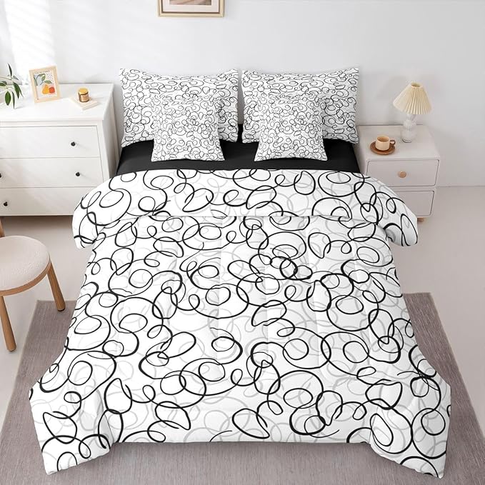 Erosebridal Geometric 7 Piece Comforter Set Twin Bed in A Bag Black Gray White Abstract Swirls Bedding Set for Boys Girls Modern Abstract Texture Bedroom Decor Contemporary Lines Aesthetic Sheet Set