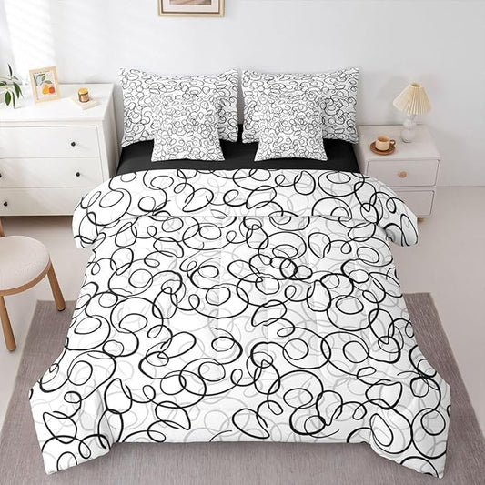Erosebridal Geometric 7 Piece Comforter Set Full Bed in A Bag Black Gray White Abstract Swirls Bedding Set for Boys Girls Modern Abstract Texture Bedroom Decor Contemporary Lines Aesthetic Sheet Set