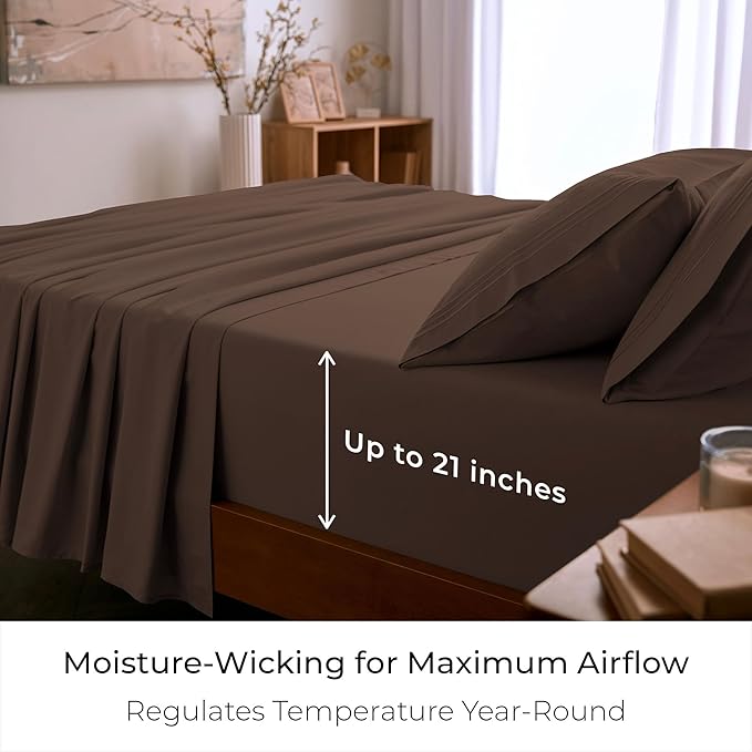 Mellanni Queen Sheet Set - 6-Piece Iconic Collection Bedding, (Including 4 Pillowcases), 21-Inch Extra Deep Pocket, Easy Care, Ultra Soft, Cooling Sheets, Brushed Microfiber - Brown