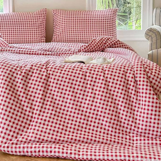 NSNLGSGC Red Gingham Cotton Comforter Set King, 100% Washed Cotton Red Plaid Checked Comforter Bedding, 3 Pieces Vintage Farmhouse Grid Bedding Set(Red Gingham, King)