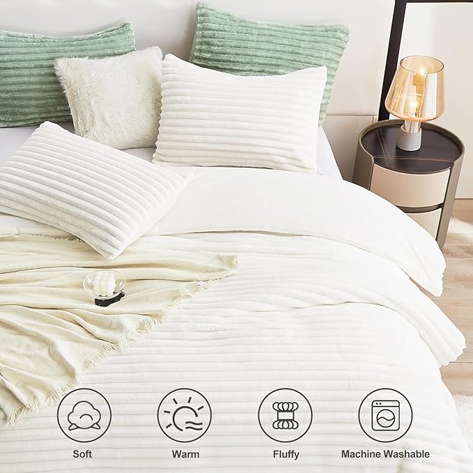CozyLux Fluffy Full Size Comforter Sets - Super Soft Faux Fur Cream White Comforter Full Size, Winter Warm Fleece Bedding Set, 3 Pieces Plush Fuzzy Bed Set (1 Shaggy Comforter, 2 Pillowcases)