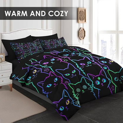 7 Pcs King Size Comforter Set with 2 Pillowcases & 2 Shams, Cute Cat Halloween Bedding Set for Kids and Adults, Neon Funny Gothic Bed in a Bag with Flat Sheet and Fitted Sheet