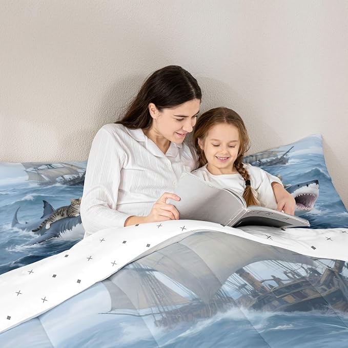 Erosebridal Kitten Comforter Set Toddler Size Shark Bedding Set for Kids Girls Boys Safari Sea Waves Nautical Ocean Ship Blue White Comforter Warm Soft Quilt Insert