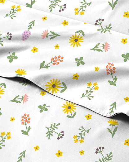 Floral Sheets - Flower Print Bed Sheet Set - 1 Flat, 1 Fitted & 2 Pillowcases w/ Deep Pockets - Comfy, Cozy, Wrinkle & Fade Free - Boho Botanical Bedding - Soft, Breathable & Cooling - Queen Size Set