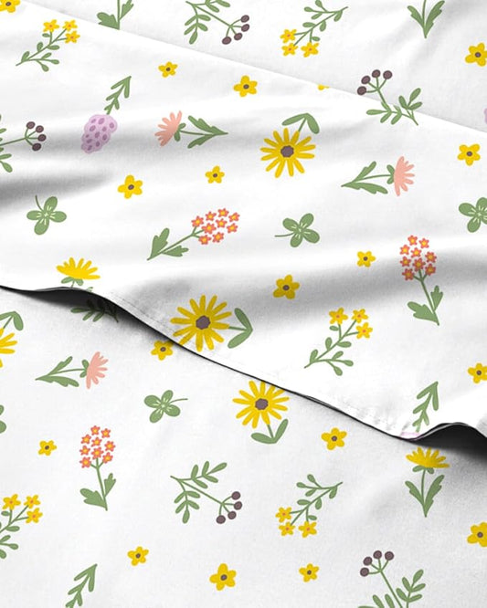 Floral Sheets - Flower Print Bed Sheet Set - 1 Flat, 1 Fitted & 1 Pillowcase w/ Deep Pockets - Comfy, Cozy, Wrinkle & Fade Free - Boho Botanical Bedding - Soft, Breathable & Cooling - Twin Size Set