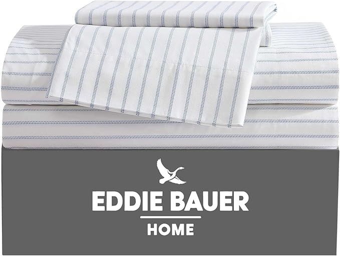 Eddie Bauer - King Sheets, Cotton Percale Bedding Set, Crisp & Cool Home Decor (Essential Stripe White, King)