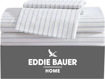 Eddie Bauer - King Sheets, Cotton Percale Bedding Set, Crisp & Cool Home Decor (Essential Stripe White, King)