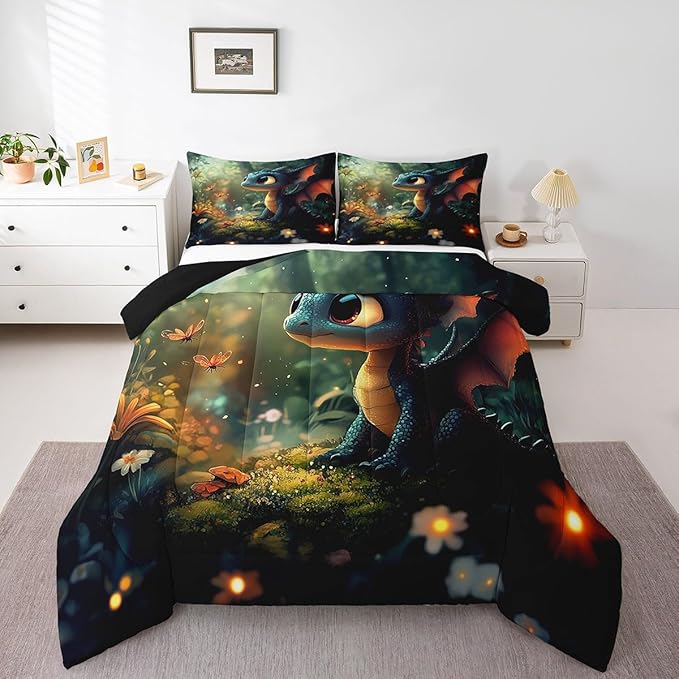 Castle Fairy Cute Dragon Bedding Set for Boys Girls,Kawaii Flower Animals All Season Cozy Comforter Set Full Size,Mysterious Wild Animals Duvet Set Bedroom Decor,Festival Gifts